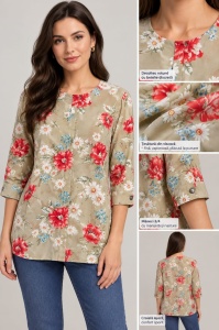 Bluza dama Coquette, Maneca 3/4 cu Fenta, Model FANI -BEJ Floral