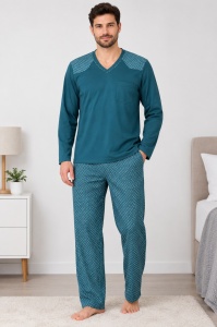 Pijama Barbati Auritex din Bumbac, Maneca Lunga, 550 ML Petrol Blue