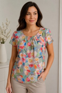 Bluza dama ANESIA din Viscoza, Guler rotund, Maneca Scurta, MARCELA-01 GRI FLORAL