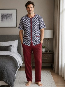 Pijama Barbati Auritex din bumbac cu Nasturi, MS+PL 544-02 Gri + VISINIU