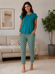 Pijama / Compleu Dama Soft&Seven By Sofiaman, Maneca Scurta, din Viscoza ENYA T21-005 TURCOAZ