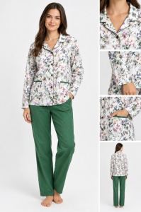 Pijama Dama Auritex cu Nastruri, Maneca Lunga 231-08, Alb-Kaki Floral
