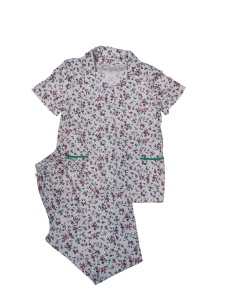 Pijama Dama Auritex cu Nastruri, Maneca Scurta 231 MS, Alb-Verde-Rosu Flori Mici - Img 3