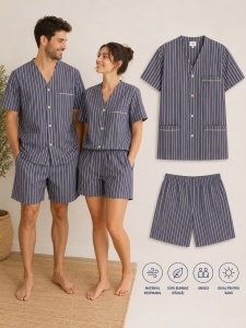 Pijama UNISEX din Panza, Maneca Scurta cu Nasturi, DUNGI - BLEUMARIN