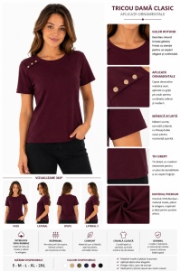 Tricou Dama KNOX, Clasic din Bumbac, T.2953 PRUNA - Img 2