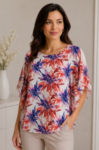 Bluza dama ANESIA din Viscoza, Maneca Scurta, CORINA-03 ALB-Rosu FLORAL