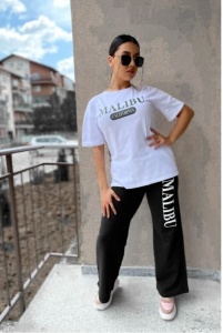 Compleu Fete Adrom, Tricou + Pantaloni, MALIBU 3334-22 Alb-Negru