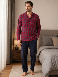 Pijama Barbati Auritex din bumbac cu Nasturi ML 232-12 ROSU (Carouri Mari)