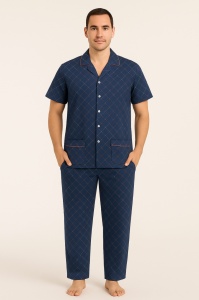 Pijama Barbati Auritex din bumbac cu Nasturi, MS+PL 232-01 Bleumarin Carouri - Img 1