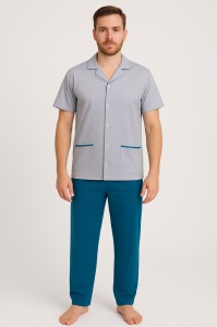 Pijama Barbati Auritex din bumbac cu Nasturi, MS+PL 232-02 Gri Deschis.- Turcoaz - Img 1