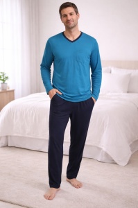 Pijama Barbati Auritex din Bumbac, Maneca Lunga, Guler V 229 ML Albastru Petrol