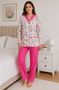 Pijama Dama Auritex cu Nastruri, Maneca Lunga 614-01, ALB - Alb Floral