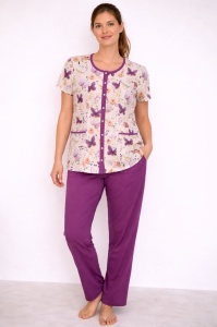 Pijama Dama Auritex cu Nastruri, Maneca scurta 543-04 Alb Floral - Mov