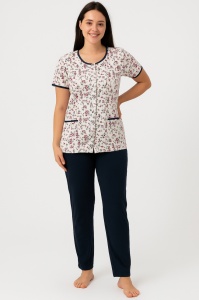 Pijama Dama Auritex cu Nastruri, Maneca scurta MS 543-02 Alb-Petrol Floral - Img 1