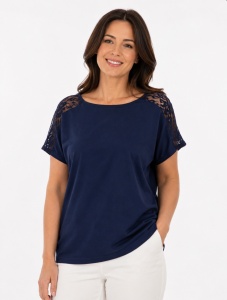 T.2935 Bleumarin, Tricou Dama KNOX cu Dantela Umeri
