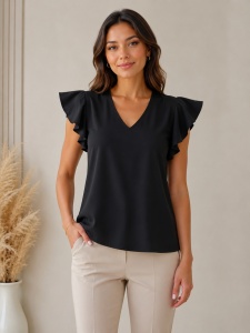 Bluza dama ANESIA din vISCOZA, Guler V, Maneca Scurta, VIOLETA Negru