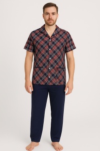 Pijama Barbati Auritex din bumbac cu Nasturi, MS+PL 232 Bleumarin-Alb-Rosu Carouri Mari - Img 1