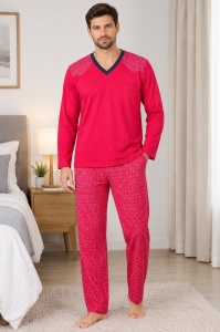 Pijama Barbati Auritex din Bumbac, Maneca Lunga, 550 ML Rosu