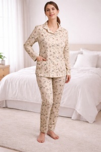 Pijama Dama Auritex cu Nastruri, Maneca Lunga ML 231-03 Bej Floral