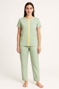 Pijama Dama Auritex cu Nastruri, Maneca scurta MS 543-01 Verde Floral - Img 1