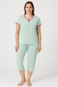 Pijama Dama Auritex, tipar Clasic, Maneca Scurta, MS 568 Verde-Galben Floral - Img 1