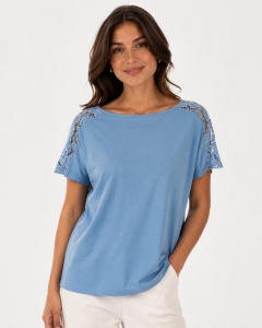 T.2935 BLUE SKY Tricou Dama KNOX cu Dantela Umeri