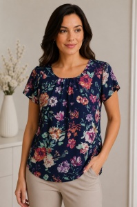Bluza dama ANESIA din Viscoza, Guler rotund, Maneca Scurta, MARCELA-04 BLEUMARIN FLORAL