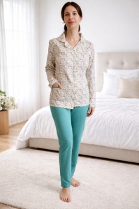 Pijama Dama Auritex cu Nastruri, Maneca Lunga 231-06, Alb-Verde Floral - Img 5