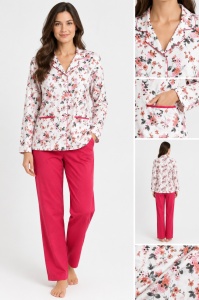 Pijama Dama Auritex cu Nastruri, Maneca Lunga 231-09, Alb-Coral Floral
