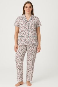 Pijama Dama Auritex cu Nastruri, Maneca Scurta 231 MS, Alb-Verde-Rosu Flori Mici - Img 1