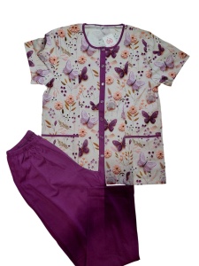 Pijama Dama Auritex cu Nastruri, Maneca scurta 543-04 Alb Floral - Mov - Img 2