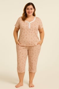 Pijama Dama Auritex, tipar Clasic, Maneca Scurta, MS 568 Roz Floral - Img 1
