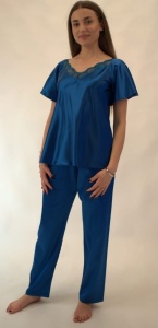 Pijama dama Satin Bella Lenjerie, Maneca Scurta, MS+PL PATRICIA - ALBASTRU