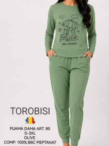 Pijama Dama TOROBISI TRICOTEX, cu Mansete si Imprimeu, ML 80 OLIVE