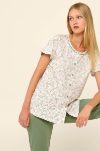 Pijama dama VAMP, din Bumbac, cu Nasturi, MS+PL 22248 Alb-Verde Olive - Img 4