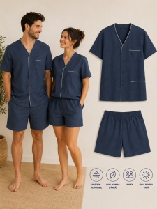 Pijama UNISEX din Panza, Maneca Scurta cu Nasturi, UNI - BLEUMARIN
