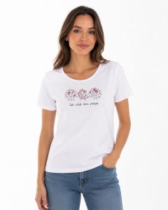 T.2509 Alb ROSES, Tricou Dama cu KNOX, cu Imprimeu,