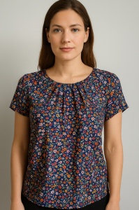 Bluza dama ANESIA din Viscoza, Guler rotund, Maneca Scurta, MARCELA, Bleumarin-FLORAL