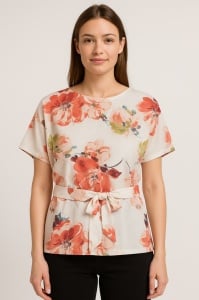 Bluza dama Soft ^ Seven by Sofiaman, din Viscoza, Tipar Lejer Maneca Scurta, JUNE T23-013 Portocaliu-FLORAL - Img 1
