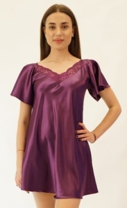 Camasa de noapte Bella Lingerie, din saten, Maneca Scurta, PATRICIA Mov
