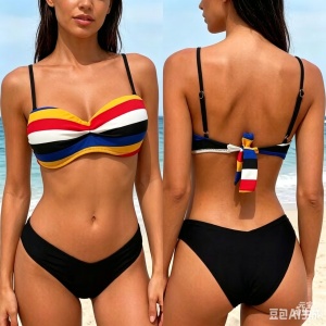Costum de baie , 2 Piese, Modern cu Dungi colorate 2253 Negru-Multicolor