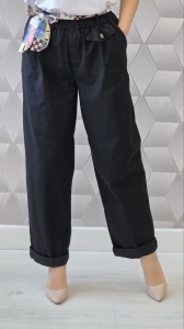 Pantaloni dama HEBE, Lungi din Bumbac, cu Esarfa, Model BIANCA - Negru