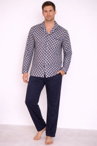 Pijama Barbati Auritex din bumbac cu Nasturi ML 232-11 GRI-Bleumarin (Carouri Mari)