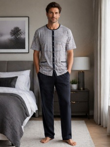 Pijama Barbati Auritex din bumbac cu Nasturi, MS+PL 544-01 Gri + BLEUMARIN