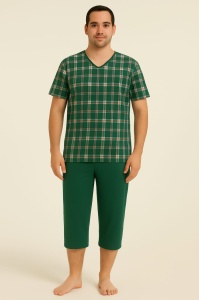 Pijama Barbati Auritex din Bumbac, Maneca scurta, MS 354-01, Verde Carouri