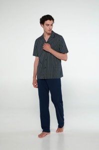 Pijama Barbati VAMP, din Bumbac, cu Nasturi, MS+PL 20683 Bleumarin-Alb-Verde