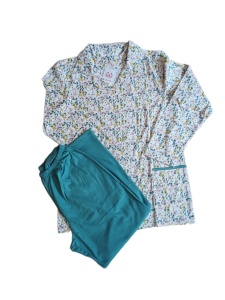 Pijama Dama Auritex cu Nastruri, Maneca Lunga 231-06, Alb-Verde Floral - Img 2