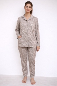 Pijama Dama Auritex cu Nastruri, Maneca Lunga 231, Albastru Deschis Flori Mici