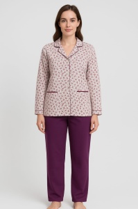 Pijama Dama Auritex cu Nastruri, Maneca Lunga ML 231-02, Alb-Mov Flori Mici - Img 1