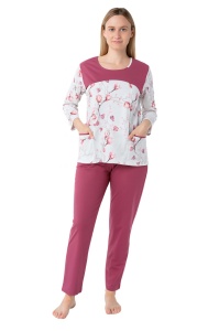 Pijama Dama Auritex, tipar Clasic, Maneca lunga 343 ML - Alb - Violet Floral